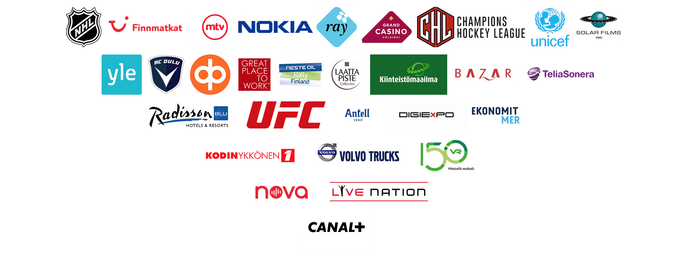 Clients: NHL, UFC, Live Nation, Nokia, Canal+, Yle, MTV, Champions Hockey League, Unicef, Radisson, Volvo Trucks, Nova, Finnmatkat